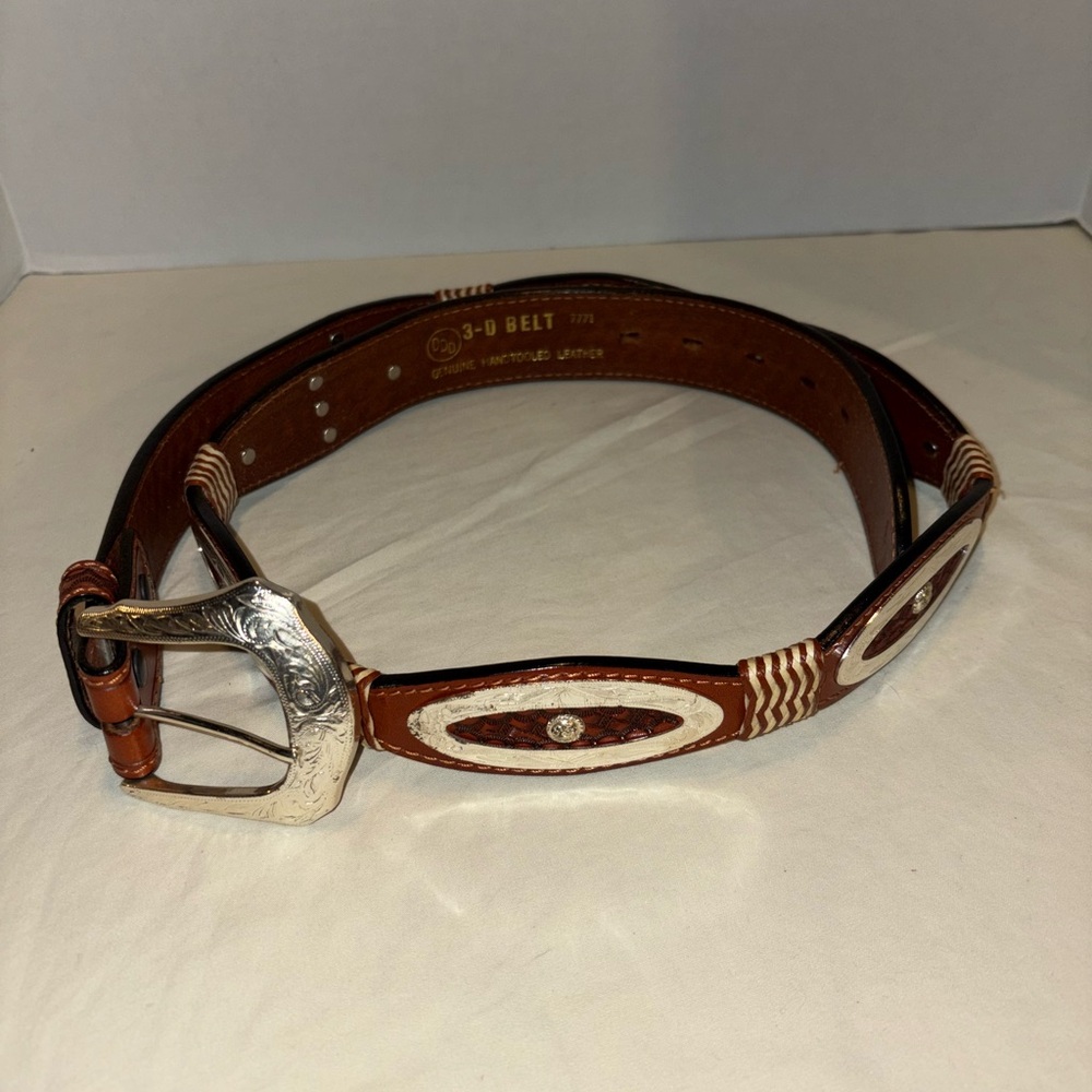 3D Men's Genuine Hand Tooled Leather Belt 42" Western Brown with Silver Accents